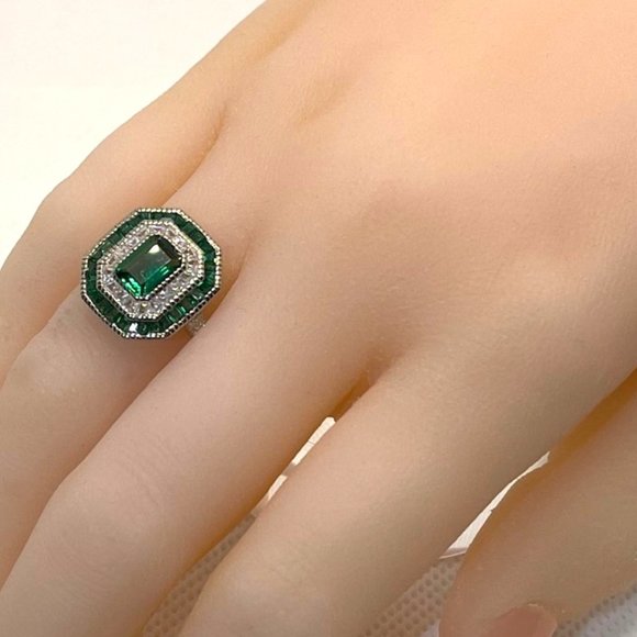 Art Deco FAUX Emerald & Diamond Ring - Size 5 thru 8 - Picture 9 of 9